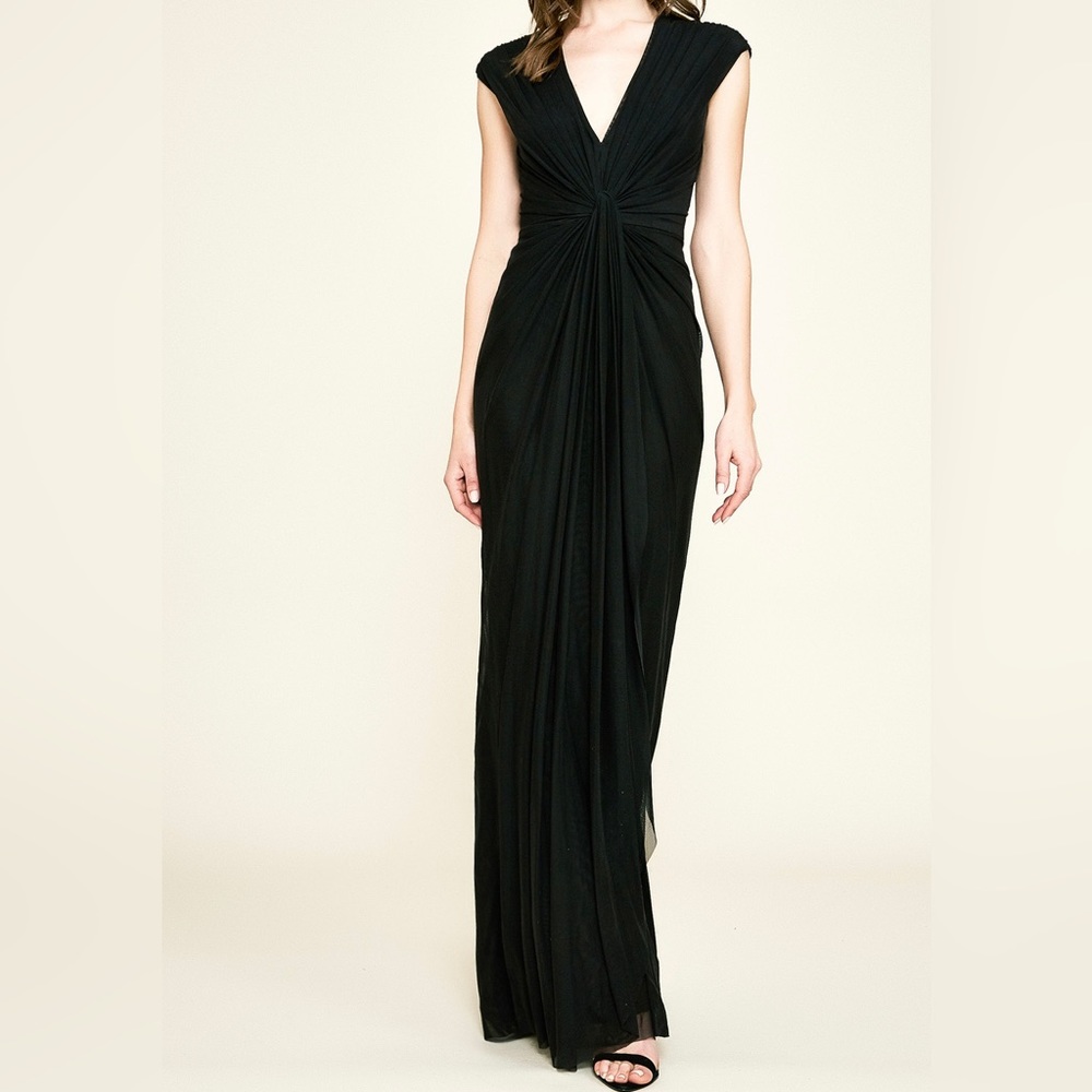 Evening Cocktail V Neck Maxi Dress.  Cap Sleeves Stretch With Sheer Overlay NWT